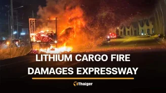 Truck carrying lithium batteries catches fire, damaging expressway in Chachoengsao