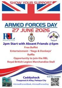 Thailand Branch of The Royal British Legion will be hosting its annual Armed Forces Day event on Saturday 27 June 2026 in Pattaya!