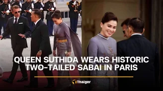 Queen Suthida wears historic two-tailed sabai in Paris